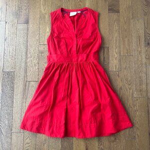 Maeve Anthropologie Red Cotton Fit & Flare Dress Pockets Smocked Waist Sz 8
